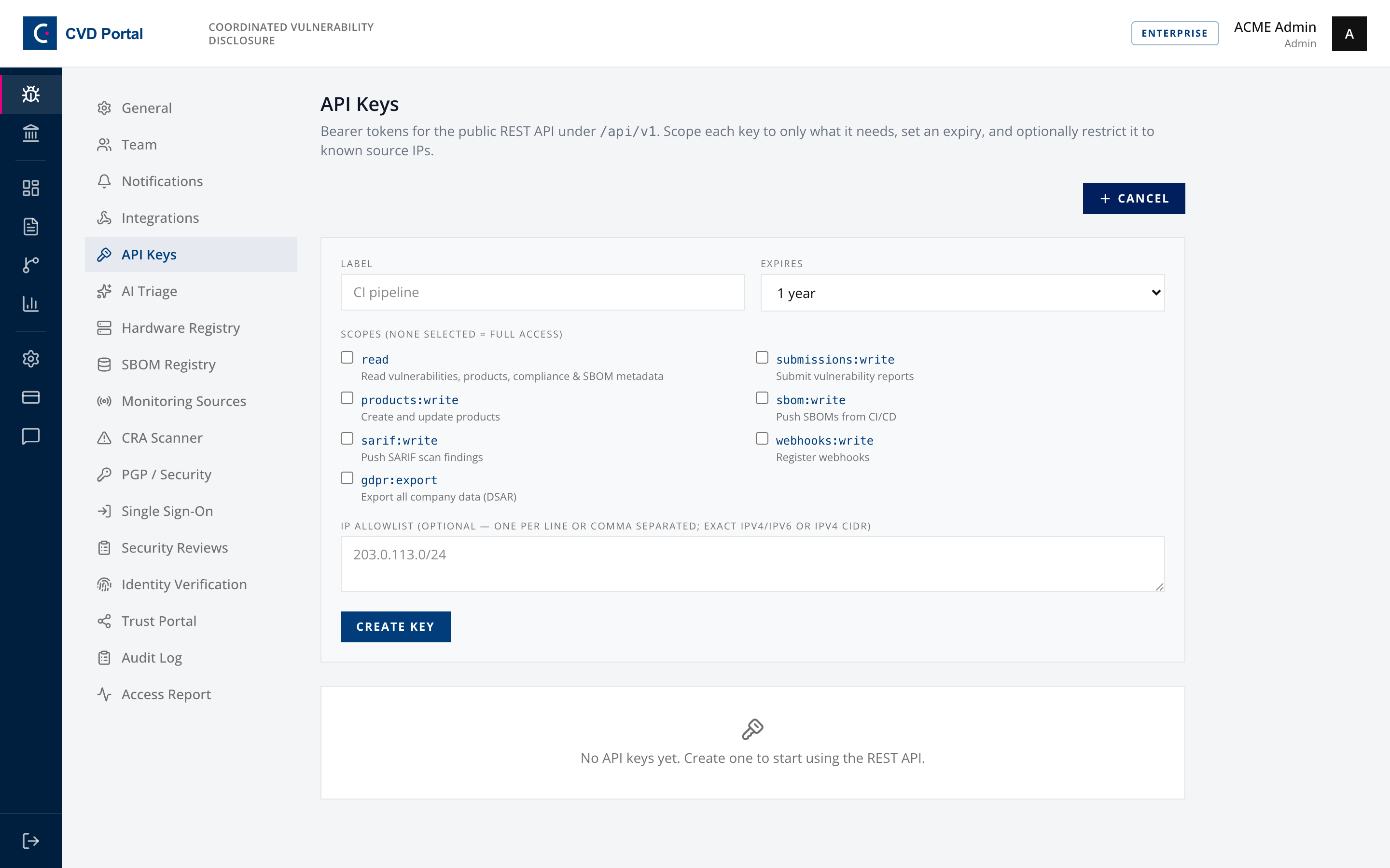 API key creation