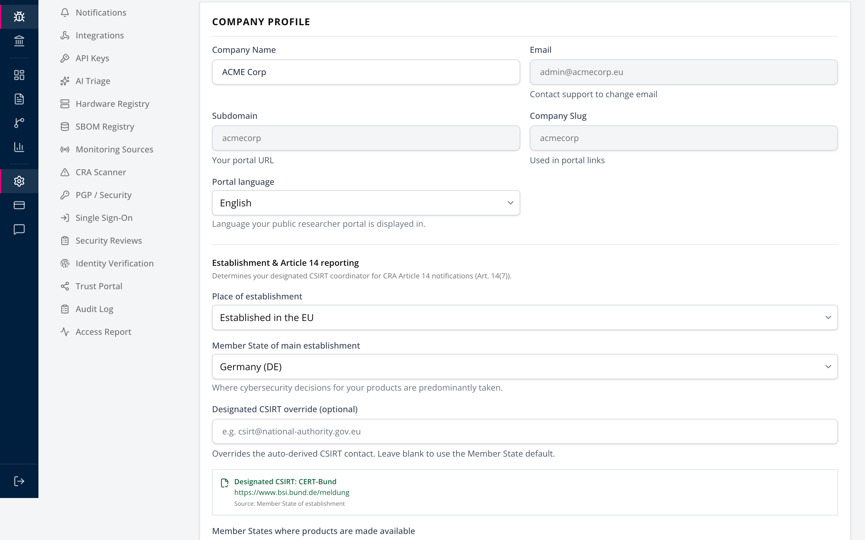 Company profile settings