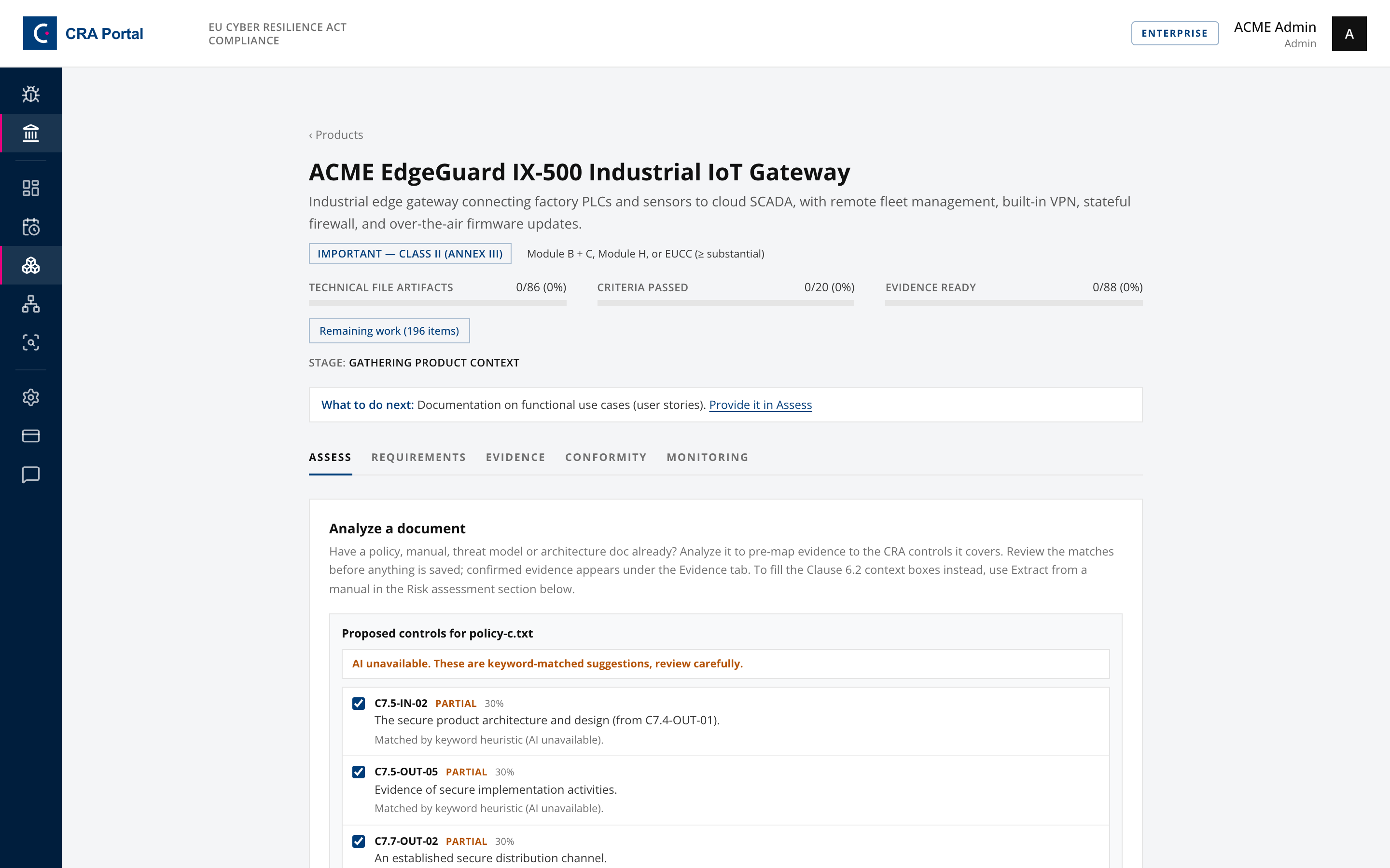 Product assessment workspace