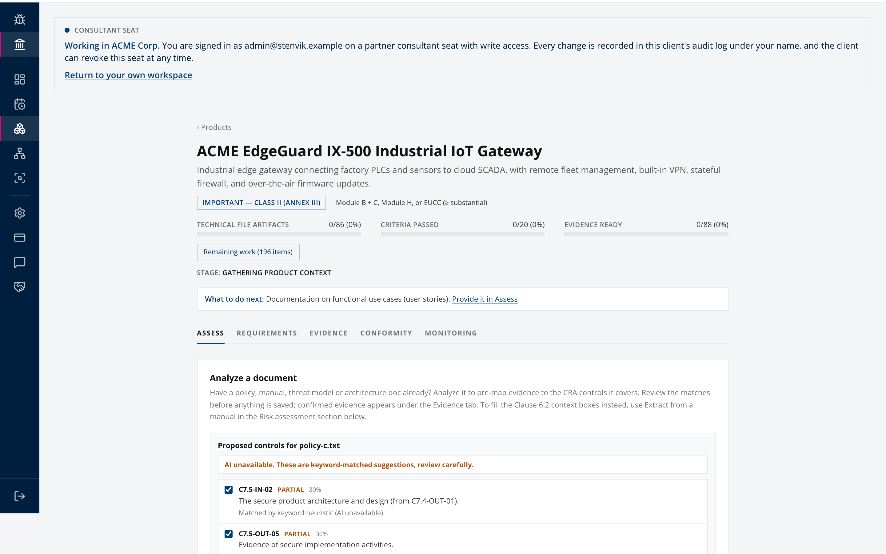 Client product assessment
