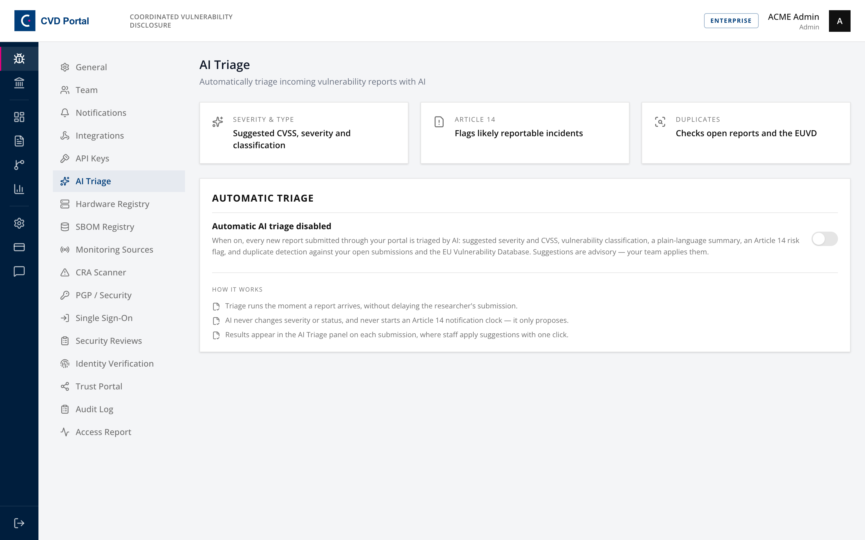 AI triage settings