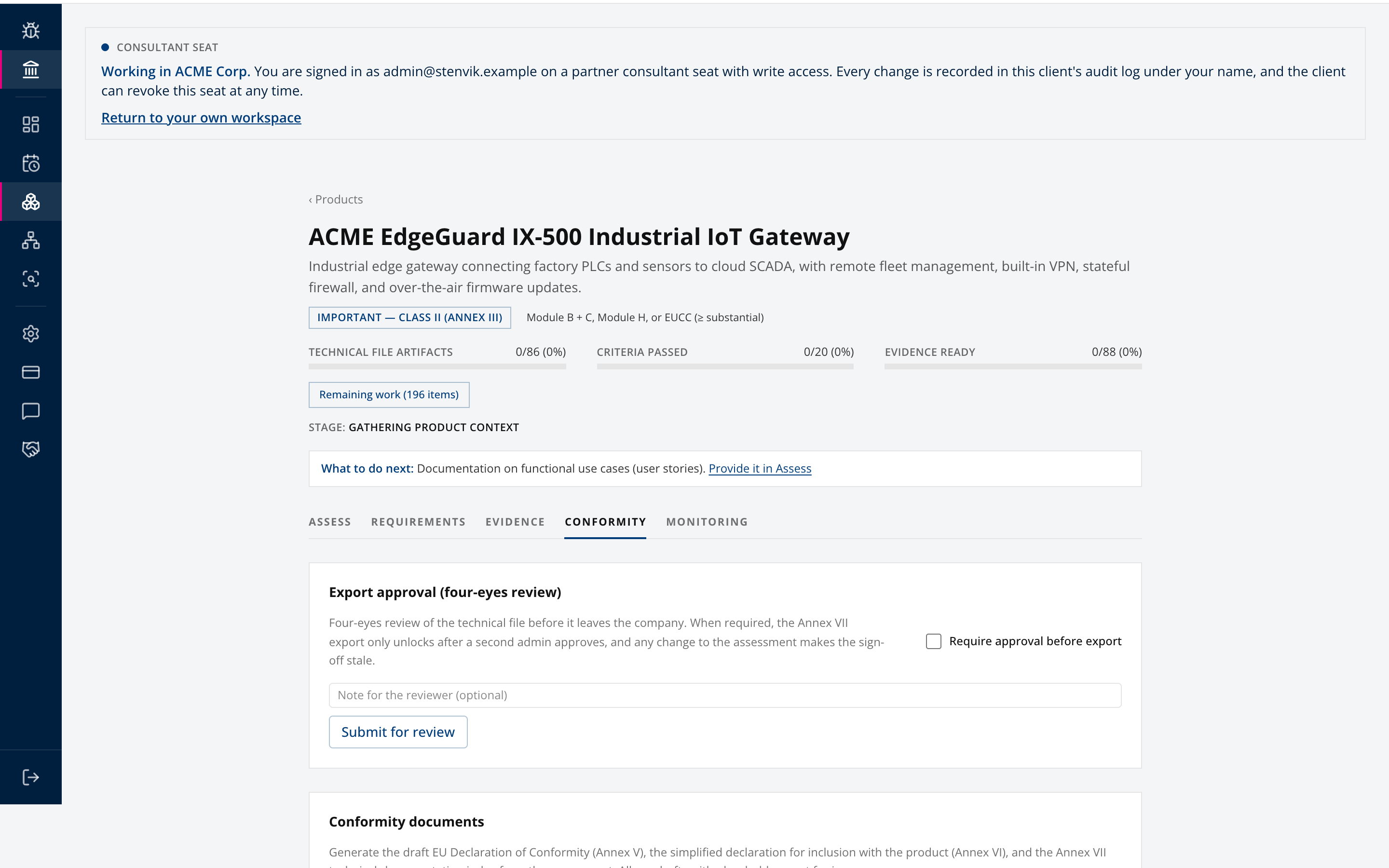 Client product conformity documents
