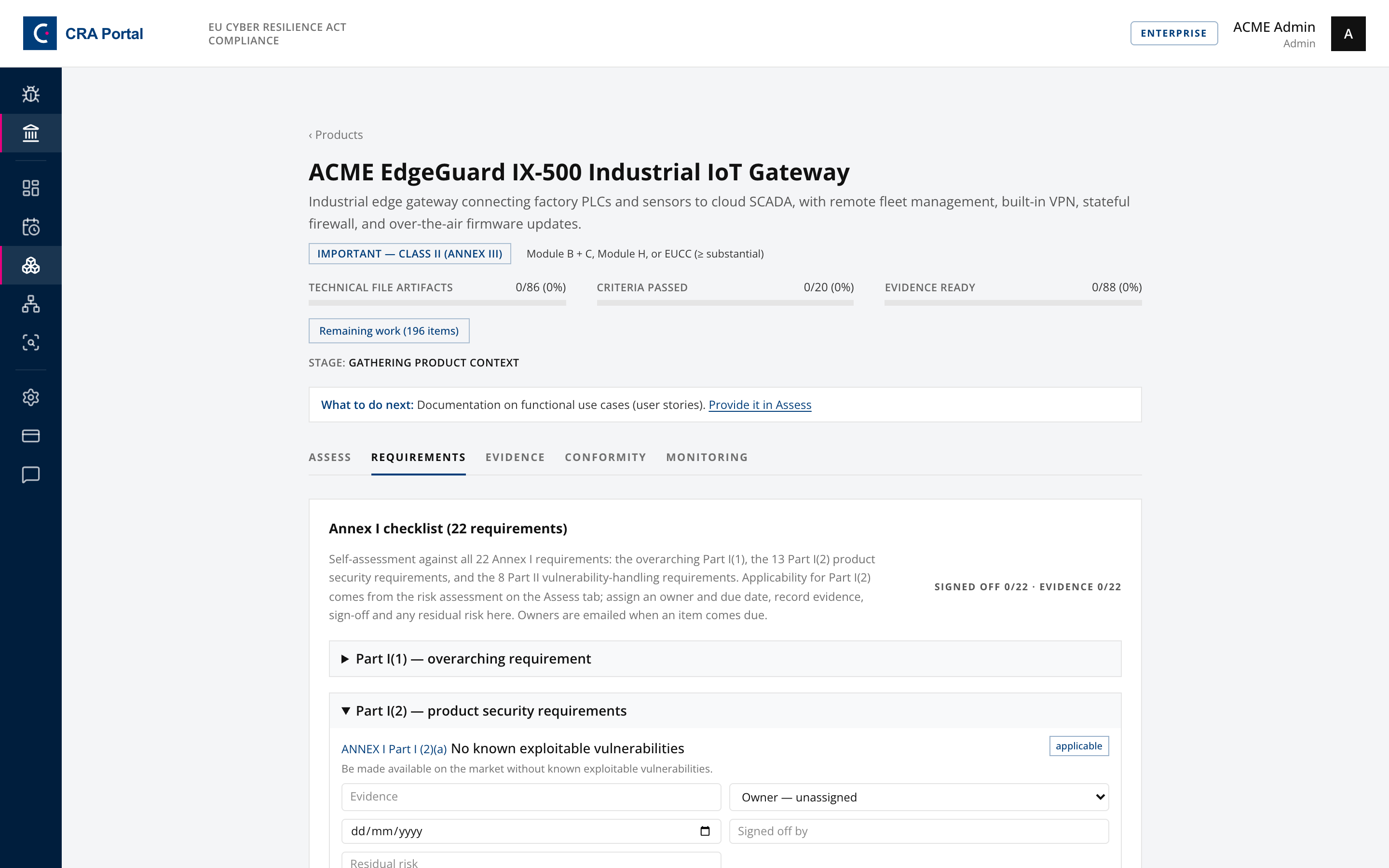 Requirements tab